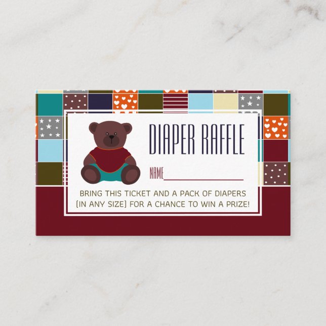 Patchwork Teddy Bear, Baby Shower Raffle Ticket Enclosure Card (Front)