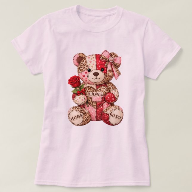 Patchwork Teddy Bear Valentine — Quilted Leopard H T-Shirt (Design Front)