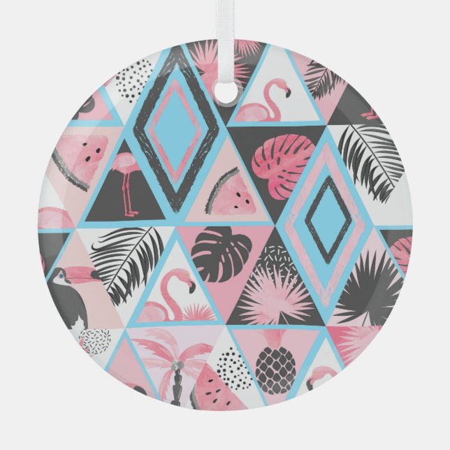 Patchwork tropical flamingo, palm pattern. glass tree decoration (Front)
