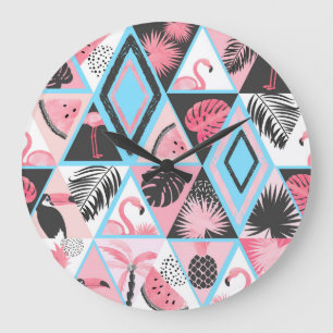 Patchwork tropical flamingo, palm pattern. large clock