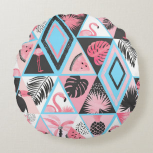 Patchwork tropical flamingo, palm pattern. round cushion