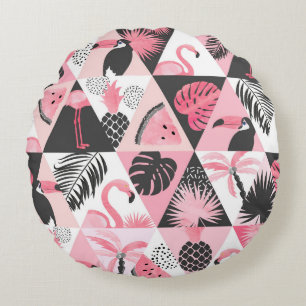 Patchwork Tropical: Flamingo Watermelon Seamless. Round Cushion