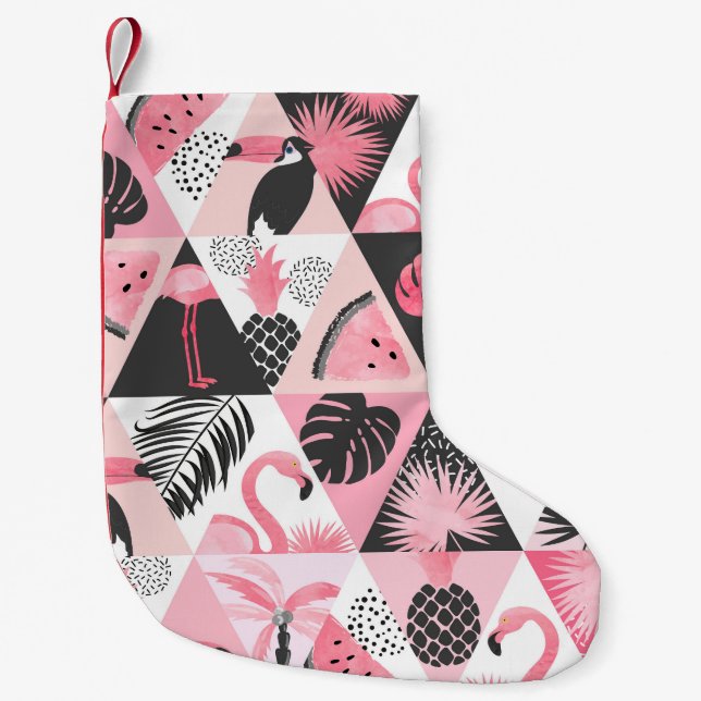 Patchwork Tropical: Flamingo Watermelon Seamless. Small Christmas Stocking (Front)