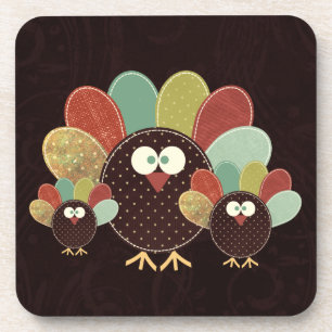 Patchwork Turkey Family of Three Thanksgiving Coaster