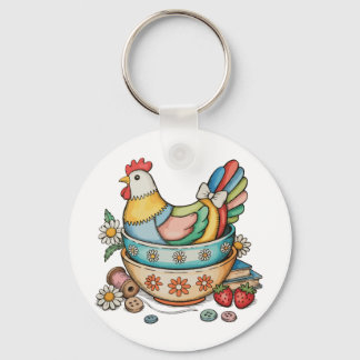 Patchwork Vintage Hen Quilted Chicken Thrifty Key Ring