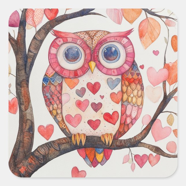 Patchwork Watercolor Owl Valentine Card Square Sticker (Front)