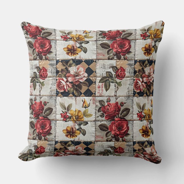 Patchwork watercolor roses, chequered, polka dots, cushion (Front)