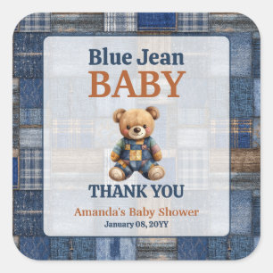 Patchwork Western Denim Bear Blue Jean Baby Shower Square Sticker