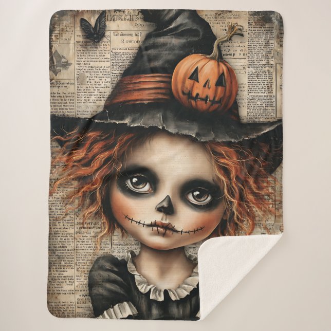 Patchwork Whimsy: The Doll Who Waits in Shadows Sherpa Blanket (Front)