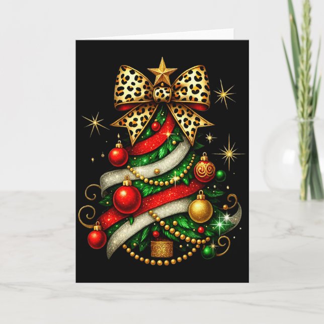 Patchwork Xmas Merry Christmas Tree Coquette Leopa Card (Front)