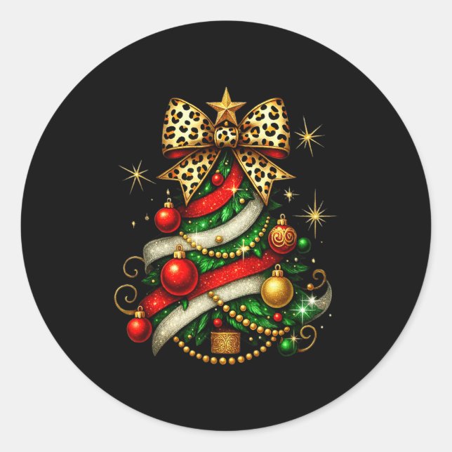 Patchwork Xmas Merry Christmas Tree Coquette Leopa Classic Round Sticker (Front)