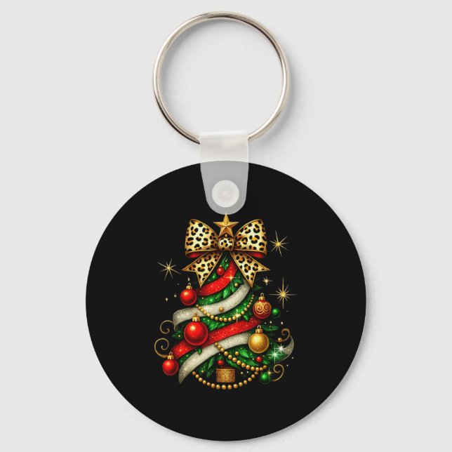 Patchwork Xmas Merry Christmas Tree Coquette Leopa Key Ring (Front)