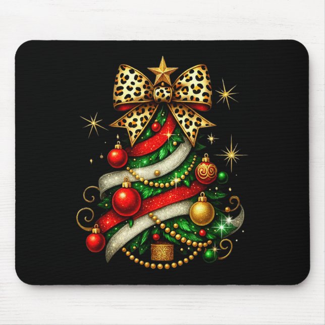 Patchwork Xmas Merry Christmas Tree Coquette Leopa Mouse Mat (Front)