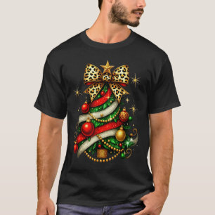 Patchwork Xmas Merry Christmas Tree Coquette Leopa T-Shirt