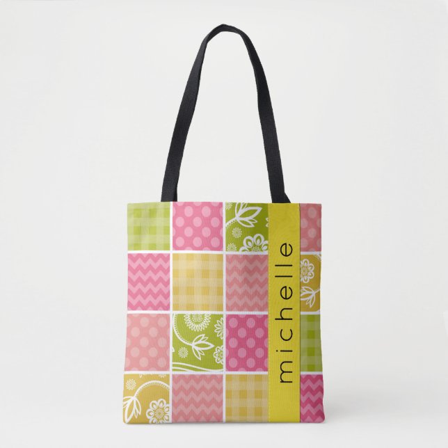 Patchwork, Zigzag, Polka Dots, Gingham, Your Name Tote Bag (Front)