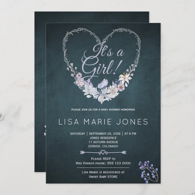 Patel blooms heart wreath navy blue baby shower invitation (Front/Back)