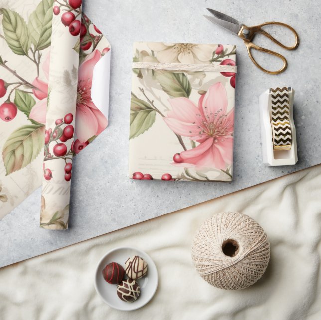 Patel Red Green Pink Poinsettia Christmas Wrapping Paper (Crafts)