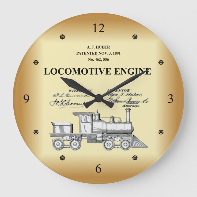Patent Drawing ~ A.J. Huber ~ Locomotive Engine ~ Large Clock (Front)