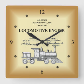 Patent Drawing ~ A.J. Huber ~ Locomotive Engine ~ Square Wall Clock