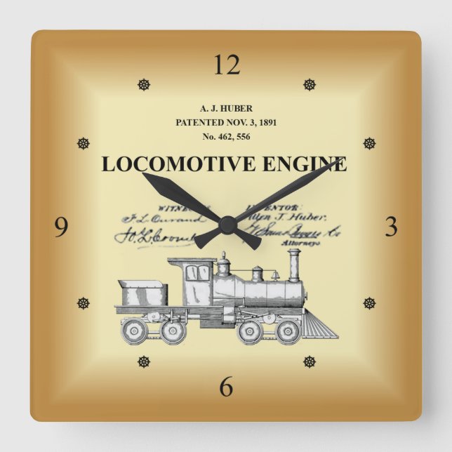 Patent Drawing ~ A.J. Huber ~ Locomotive Engine ~  Square Wall Clock (Front)