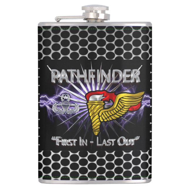 Pathfinder Badge-“First In Last Out” Hip Flask (Front)