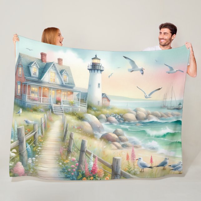Pathway to the Lighthouse Coastal Cottage Fleece Blanket (In Situ)