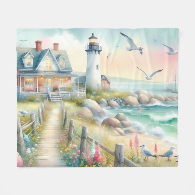 Pathway to the Lighthouse Coastal Cottage Fleece Blanket (Front (Horizontal))