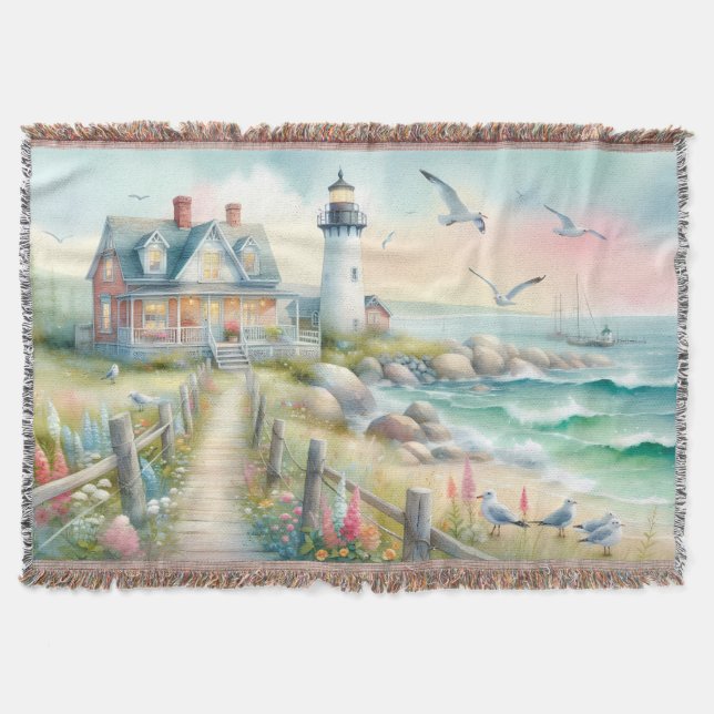 Pathway to the Lighthouse Coastal Cottage Throw Blanket (Front)