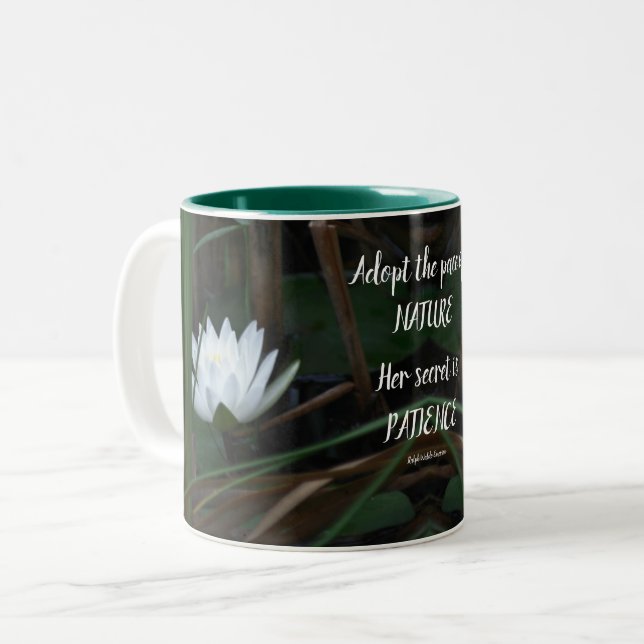 Patience Emerson Inspirational Quote Lotus  Two-Tone Coffee Mug (Front Left)