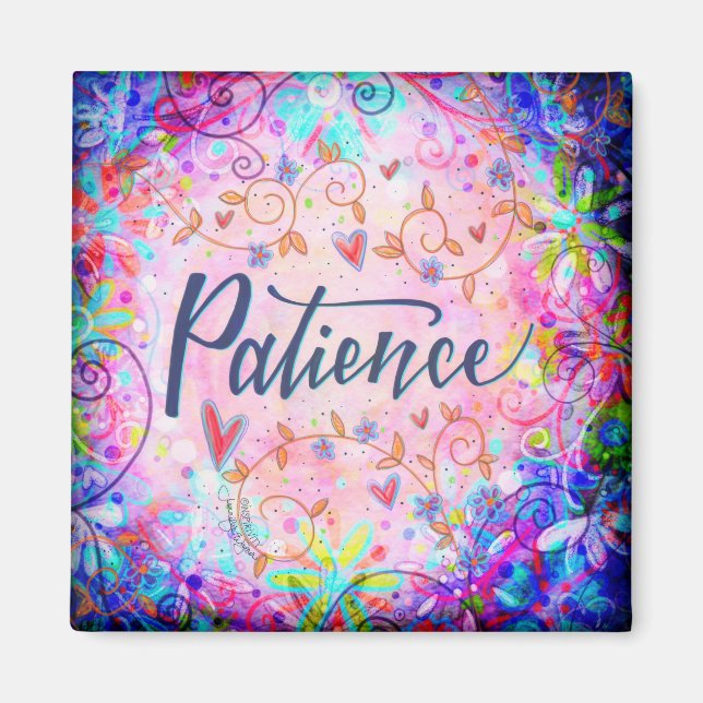 Patience Pink Floral Trendy Whimsical Inspiring Magnet (Front)