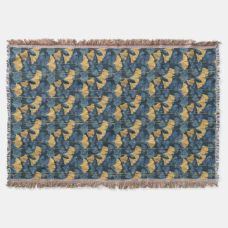 Patina Blue and Gold Ginkgo Leaf  Throw Blanket