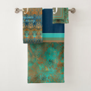 Patina - blue teal rusty custom text and Monogram Bath Towel Set