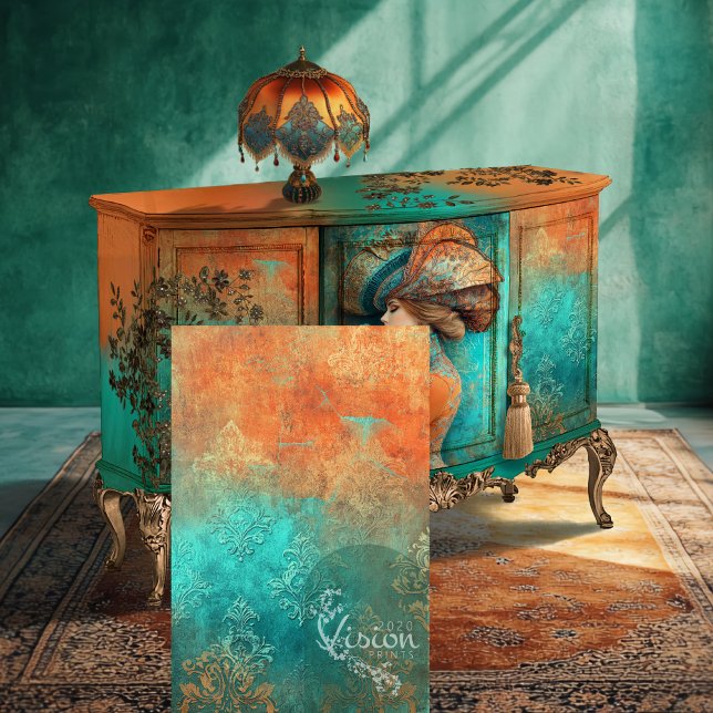 Patina Damask, weathered patterns background Tissue Paper (Patina Damask, Weathered, Embossed effect, Vibrant Patterned Background Decoupage Tissue Paper)