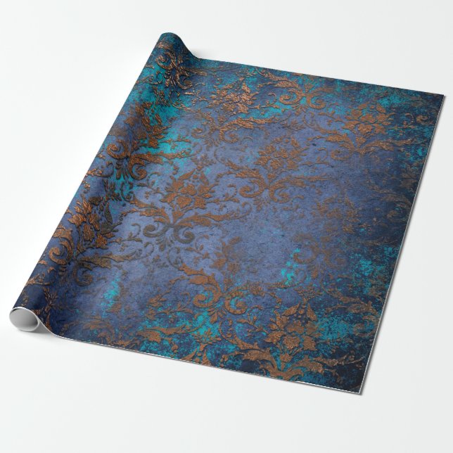 Patina Scroll Work Flowers on Purple Wrapping Paper (Unrolled)
