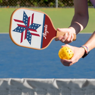patiotic star with flag pattern red white blue pickleball paddle