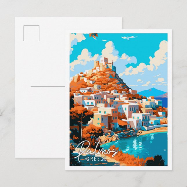 Patmos Greece vintage travel illustration Postcard (Front/Back)