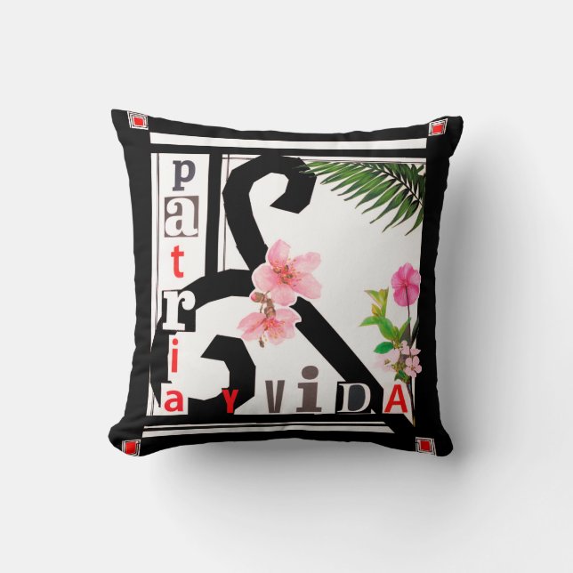 Patria y Vida Black Frame Pink Flowers Cushion (Front)