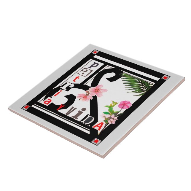 Patria y Vida Black Frame Pink Flowers Tile (Side)