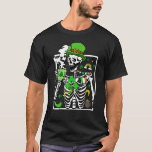 Patrick's Day Skeleton Shamrock Skull Drinking Cof T-Shirt