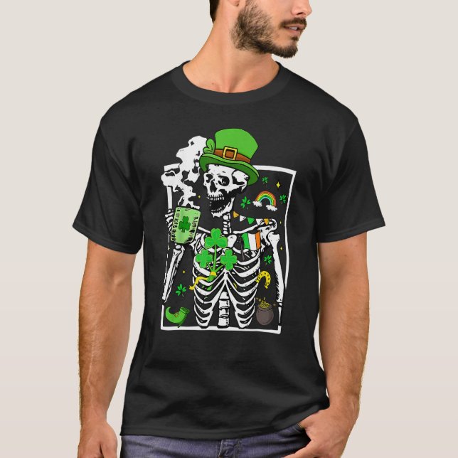 Patrick's Day Skeleton Shamrock Skull Drinking Cof T-Shirt (Front)