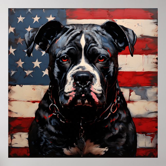 Patriot Pitbull with American Flag 4th of July  Poster (Front)