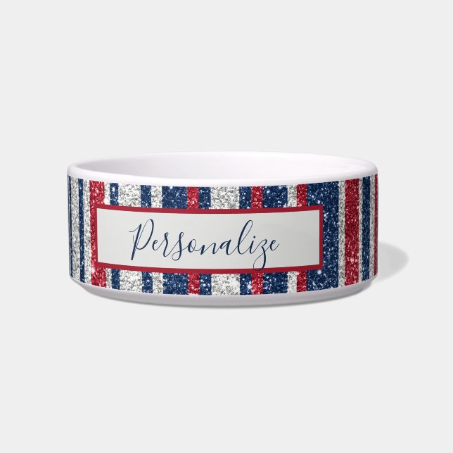 Patriot Red White Blue Glitter Glam Stripes Bowl (Front)