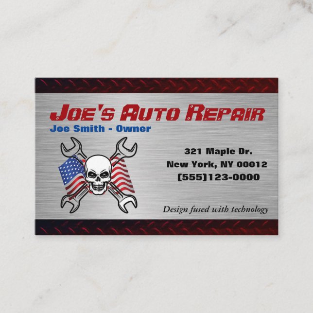 Patriot Skull Car Auto Mechanic Repair Service Business Card (Front)