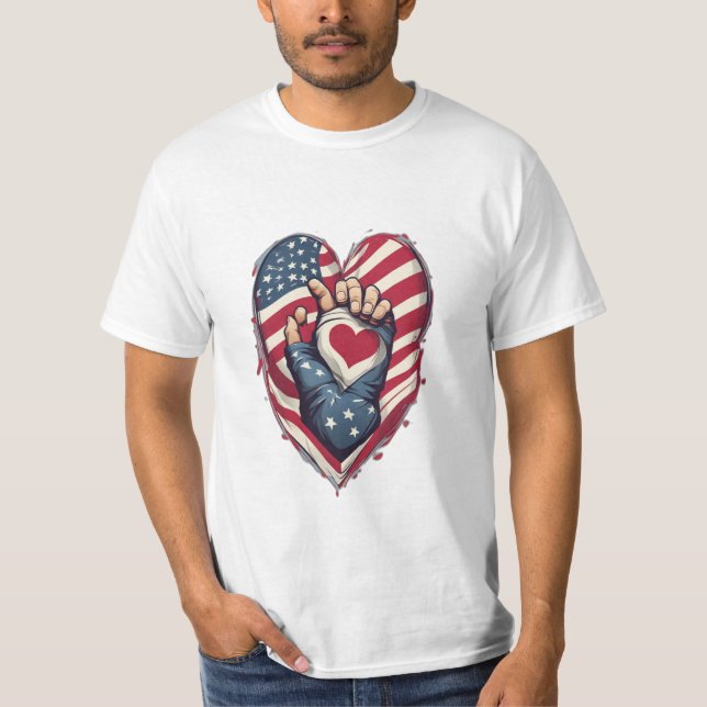 Patriot Threads: Where Flags and Hearts Unite T-Shirt (Front)