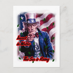 Patriot Uncle Sam says: "Invest in water" on a  Holiday Postcard
