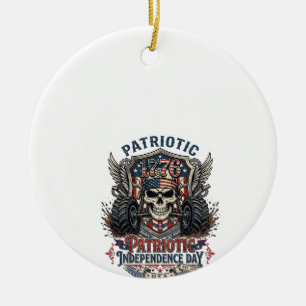 Patriotic 1776 Off Road Skull Monster Truck Heavy Ceramic Tree Decoration