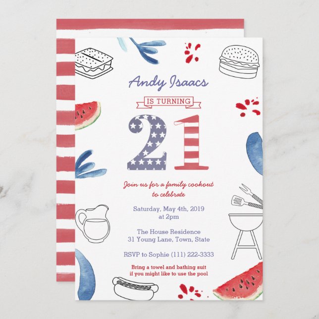 Patriotic 21st Birthday Party, turning twenty one Invitation (Front/Back)