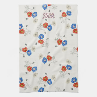 Patriotic 250th red white & blue watercolor poppy tea towel