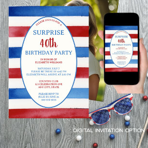 Patriotic 40th Red White Blue Surprise Birthday  Invitation