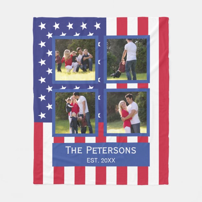 Patriotic 4 Photo Collage American Flag Monogram M Fleece Blanket (Front)